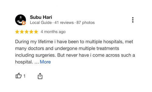 A 5-star review and rating has been provided by Subu Hari for Sri Balaji Hospital, the best multispecialty hospital in Chennai.