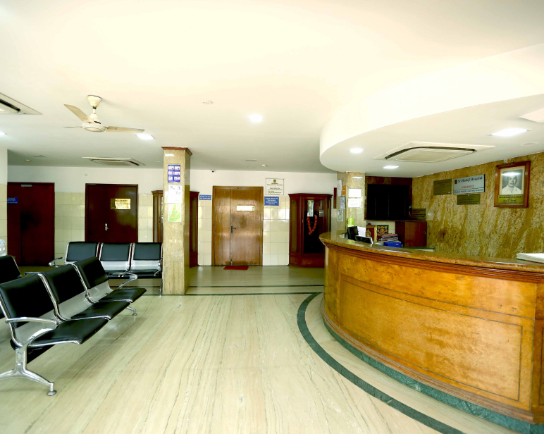 The view of the reception at Sri Balaji Hospital, Chennai.