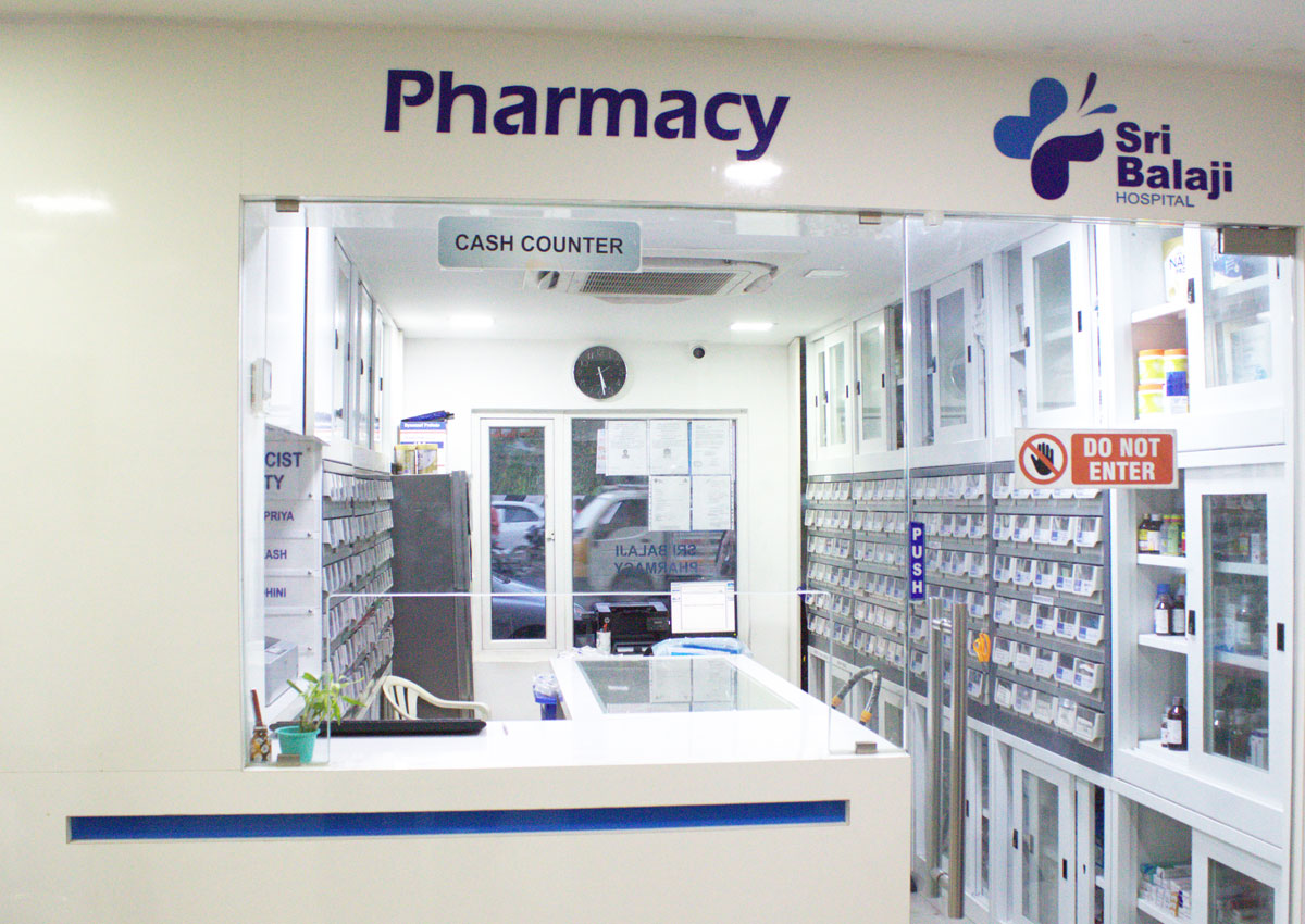 The front view of the pharmacy at Sri Balaji Hospital, Chennai.