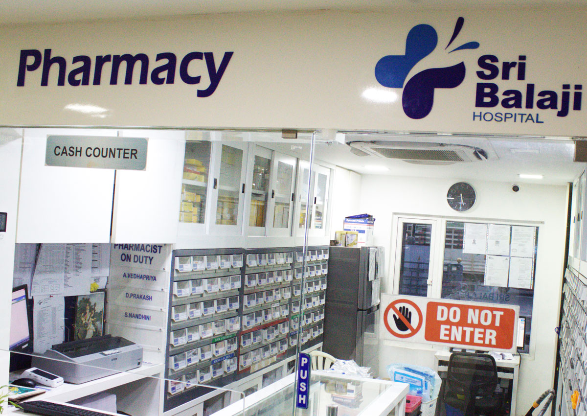 The pharmacy at Sri Balaji Hospital, Chennai.