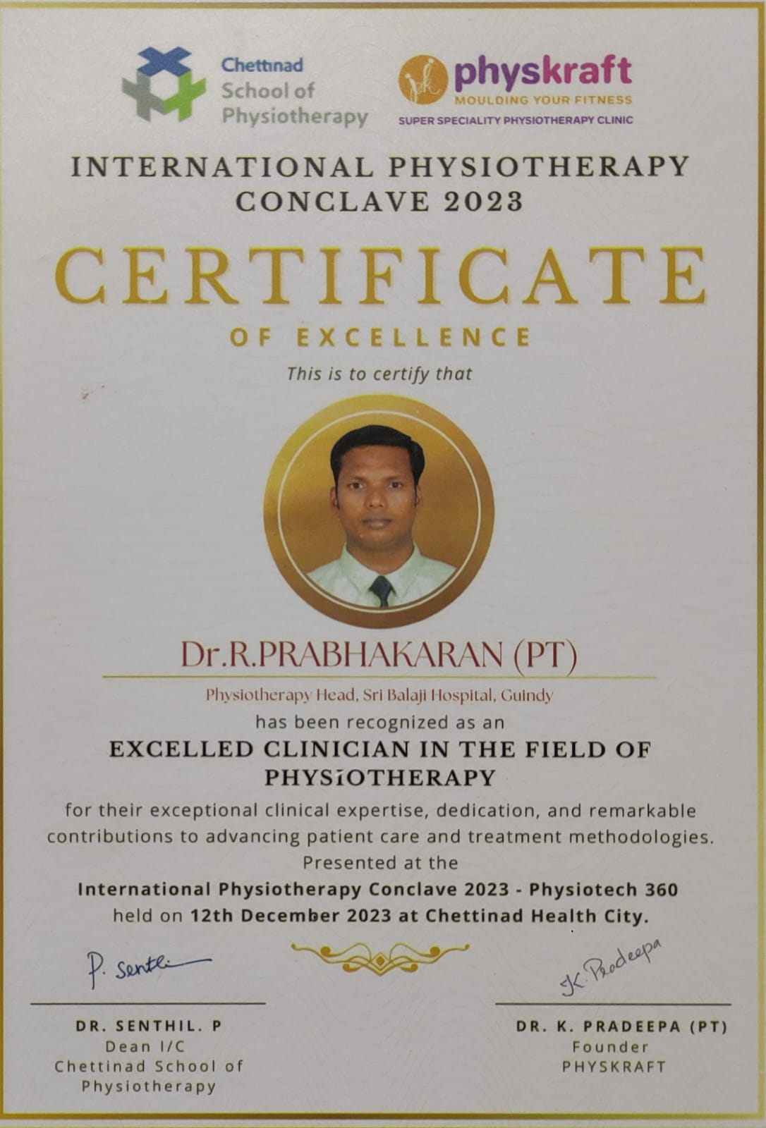 Certificate of Excellence awarded to Dr. R. Prabhakaran.