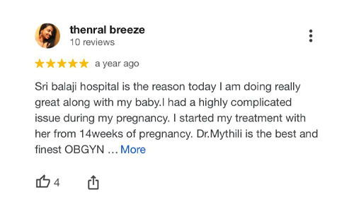 After she delivered successfully at Sri Balaji Hospital, the top multi-specialty hospital in Chennai, Thenral Breeze gave a five-star rating and review to the OBGYN department.