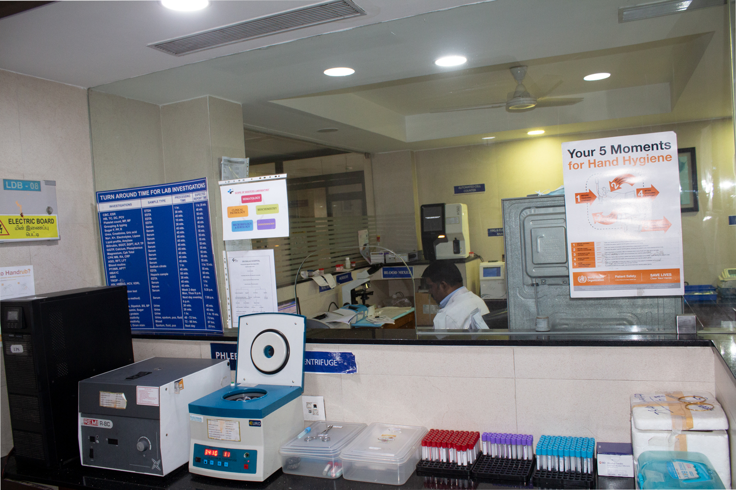 A view of the lab infrastructure at Sri Balaji Hospital, Chennai, with lab turnaround time and hygiene instructions.